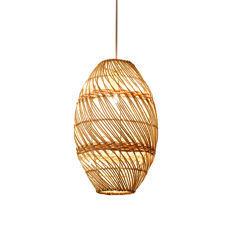 Bamboo Rattan Oval Hanging Lighting Asian 1 Light Wood Pendant Lamp Kit for Tea Room