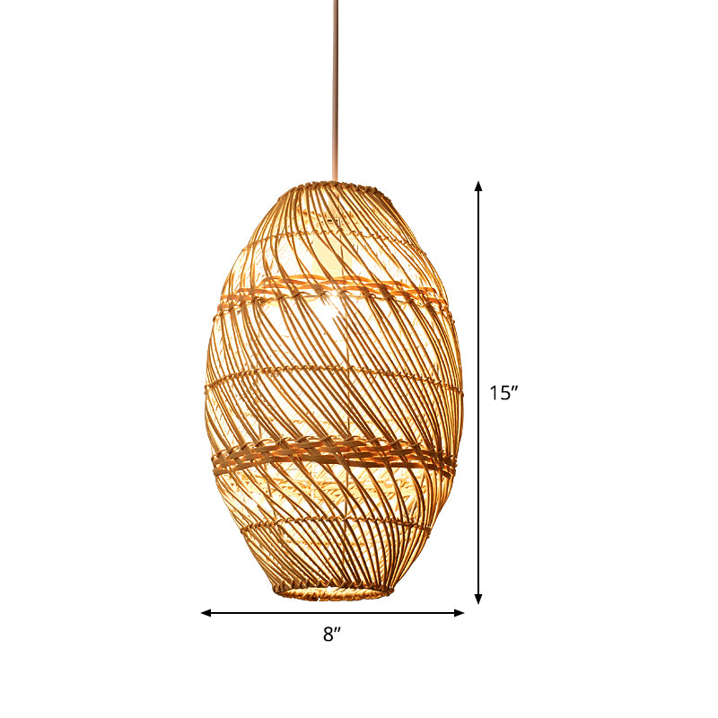 Bamboo Rattan Oval Hanging Lighting Asian 1 Light Wood Pendant Lamp Kit for Tea Room