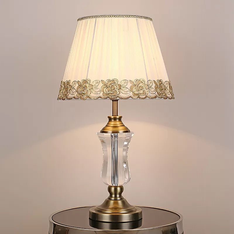 Beige Barrel Night Light Modern 1 Light Fabric Table Lamp with Urn Crystal Lamp Stand