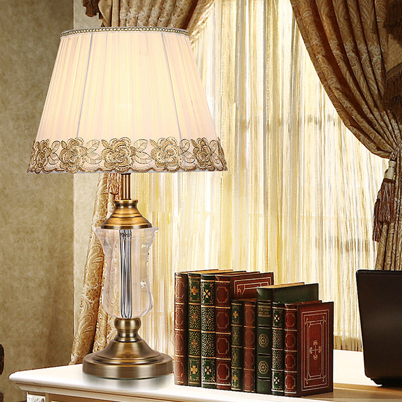 Beige Barrel Night Light Modern 1 Light Fabric Table Lamp with Urn Crystal Lamp Stand