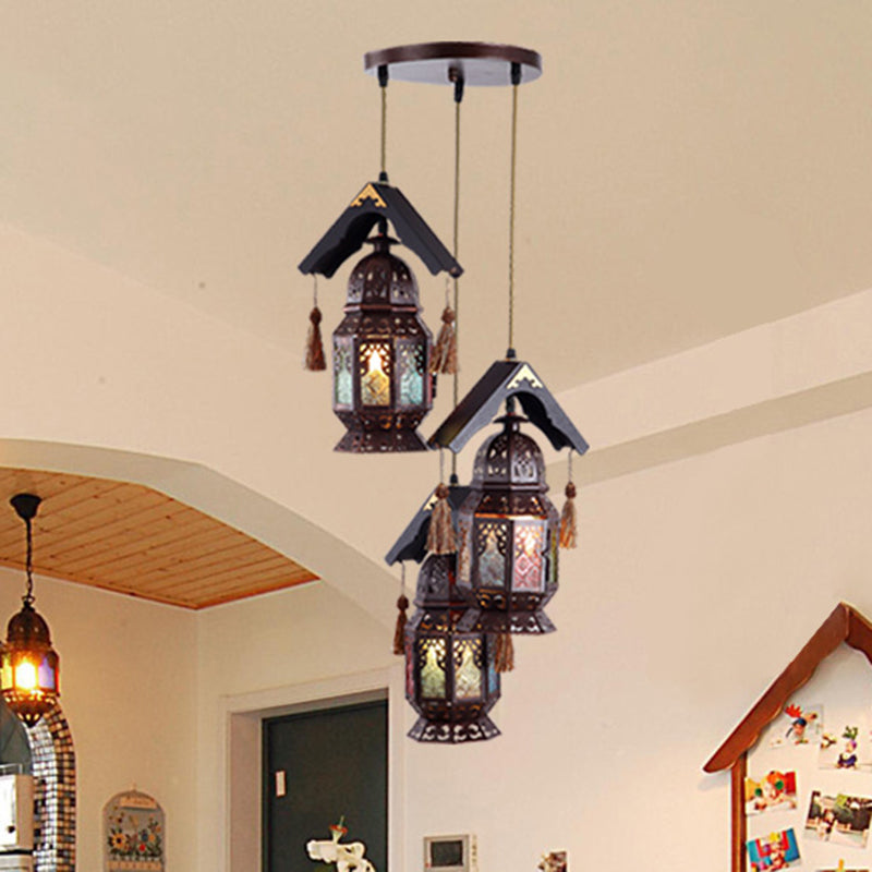 Lanterna lampada lampadario metallico decorativo 3 teste soggiorno lampada appesa in bronzo con tetto in legno
