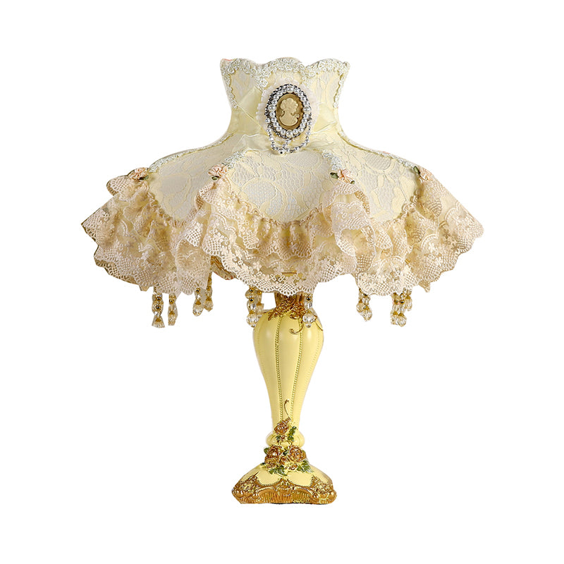 Fabric Frill Night Lighting Korean Garden 1 Head Beige Night Table Light with Lace Trim and Urn Base