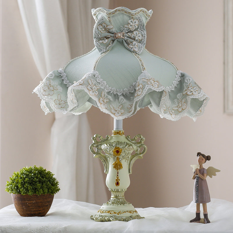 Ruffle Fabric Night Table Lighting Pastoral Style 1-Bulb Blue Nightstand Light for Girls Bedroom