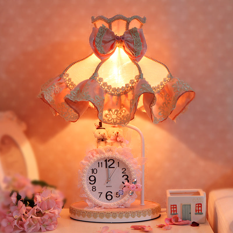 Kids 1 Bulbs Nightstand Light Pink Scalloped Night Table Lighting with Fabric Shade and Clock