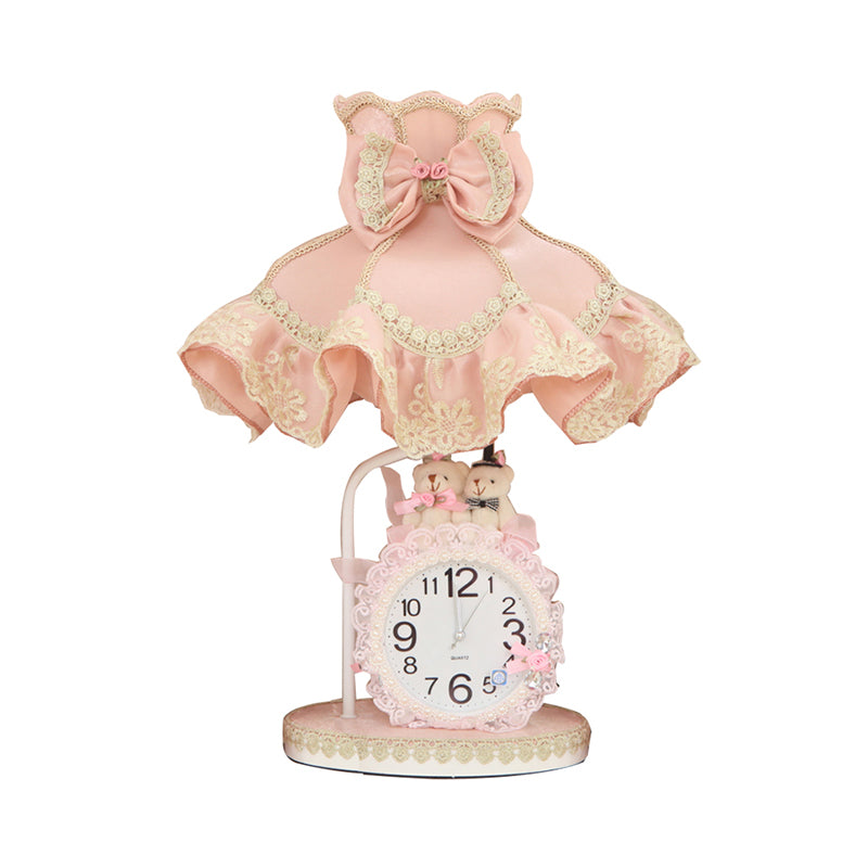 Niños 1 bombilla Nightsand Pink Pink Lighting de mesa nocturna de color rosa claro con sombra de tela y reloj