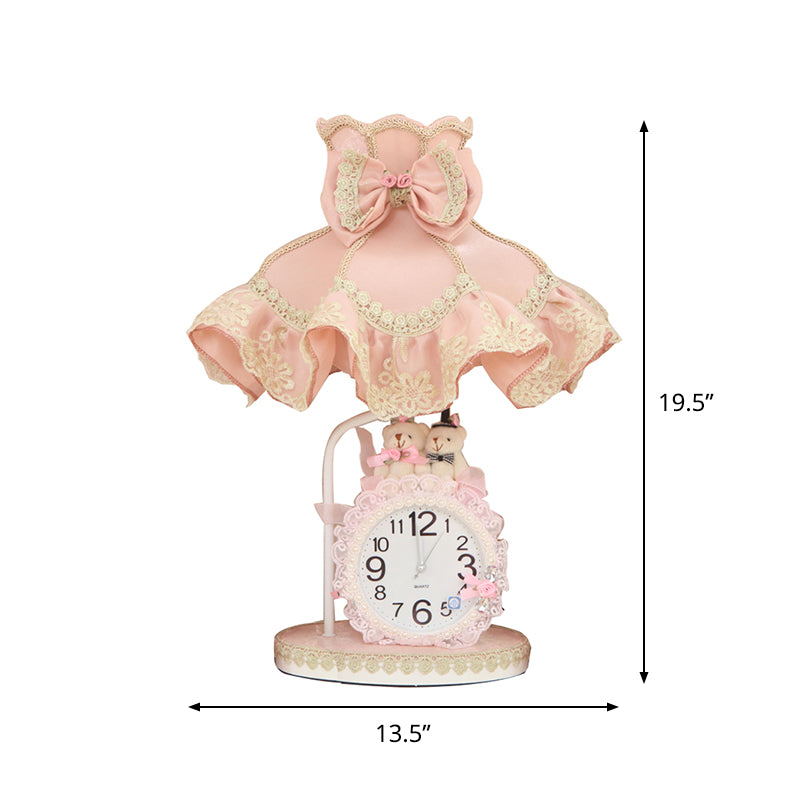 Niños 1 bombilla Nightsand Pink Pink Lighting de mesa nocturna de color rosa claro con sombra de tela y reloj