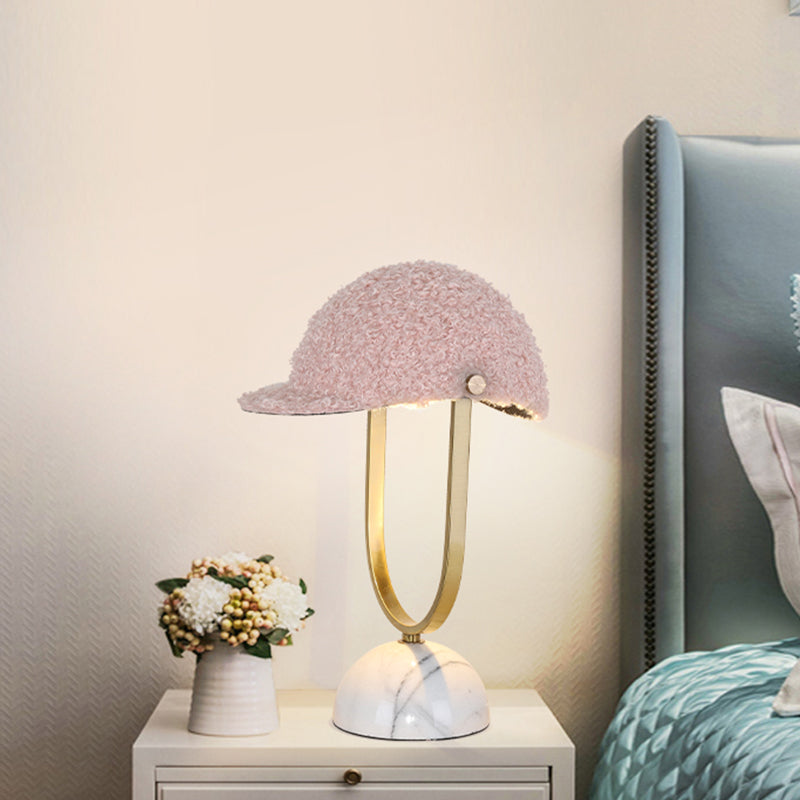 Hat Plush Table Light Modern 1 Bulb Pink Night Lamp with Iron Frame and Marble Base for Bedroom