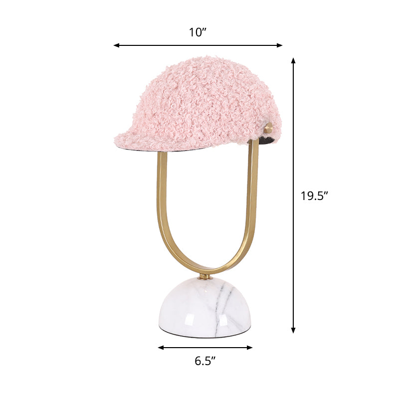 Hat Plush Table Light Modern 1 Bulb Pink Night Lamp with Iron Frame and Marble Base for Bedroom