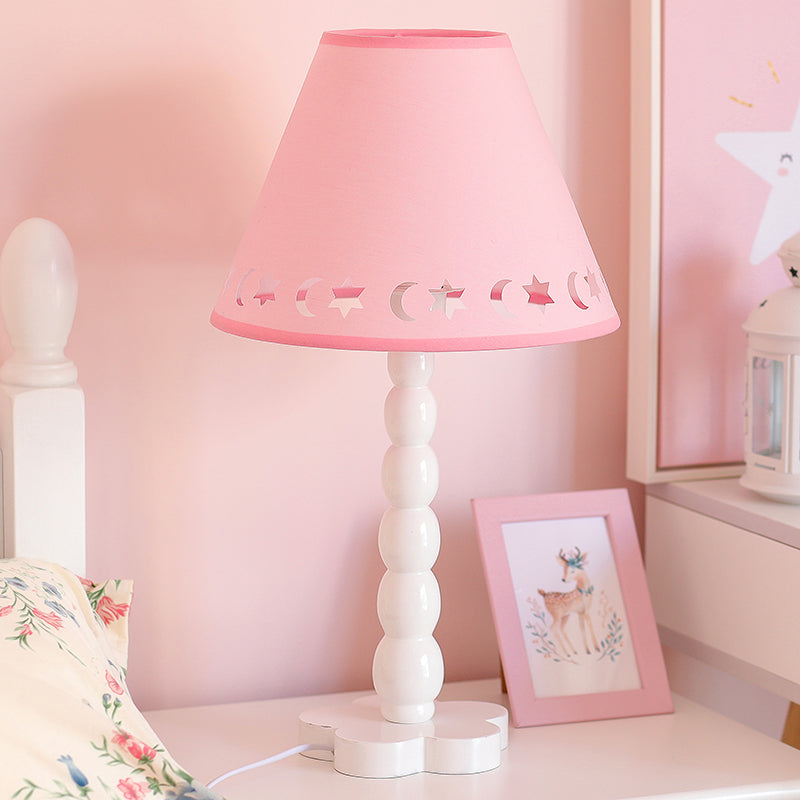 Kids Cone Table Lamp Fabric 1 Light Bedroom Night Light with Cutout Design and Wood Base in Pink/Pink and White/Pink and Green