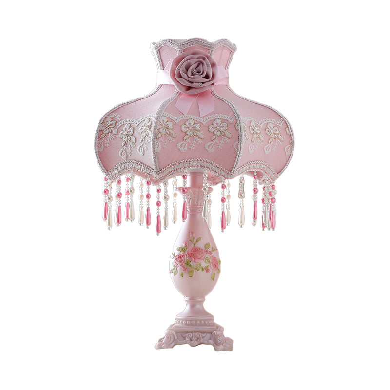 Korean Garden Scalloped Table Light Fabric Bedroom Night Lamp in Pink with Drape and Vase Base