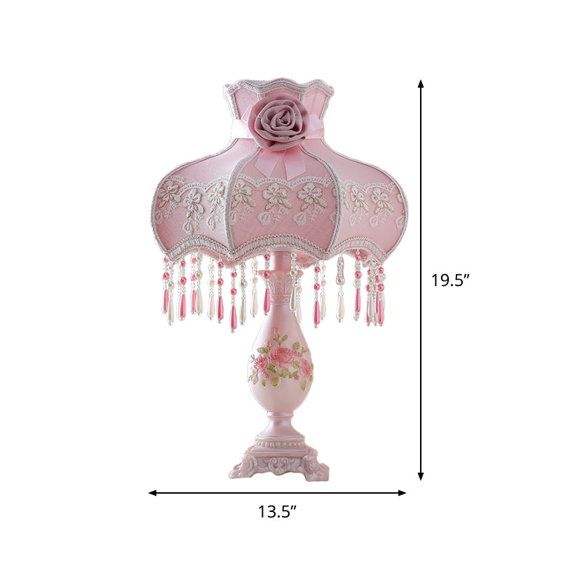 Korean Garden Scalloped Table Light Fabric Bedroom Night Lamp in Pink with Drape and Vase Base