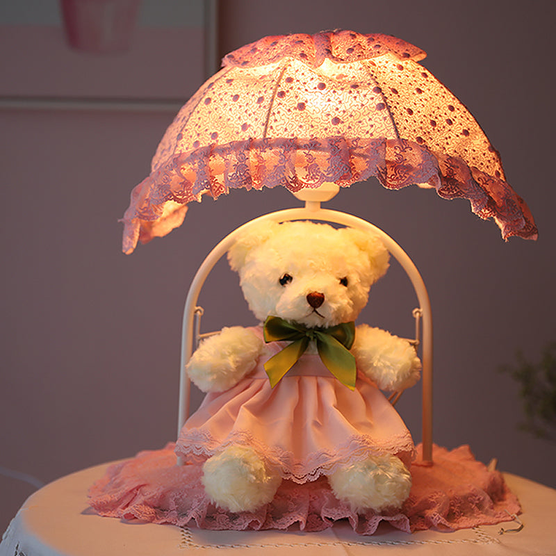 Fabric Bear Night Table Lamp Kids 1 Light Pink Nightstand Lighting with Lace Trim for Nursery