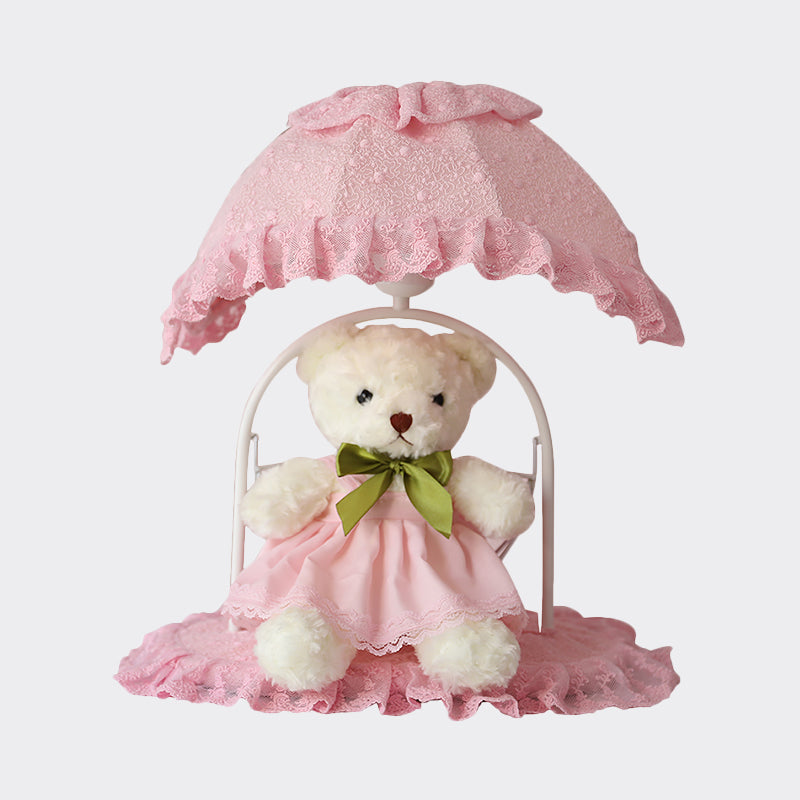 Fabric Bear Night Table Lamp Kids 1 Iluminación de mesita de noche rosa claro con adornos de encaje para guardería