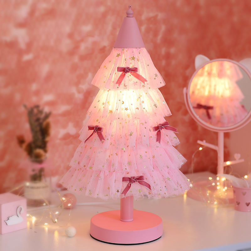 Pink Christmas Tree Table Lighting Kids 1 Bulb Fabric Nightstand Light with Round Base for Girl's Bedroom