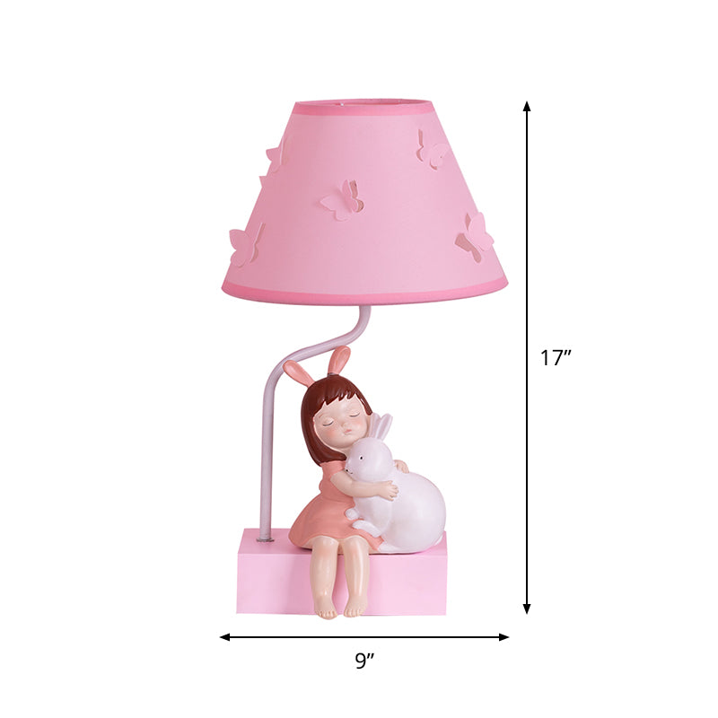 Cartoon Conical Fabric Night Lamp 1 Head Table Light in Pink with Girl Rabbit Design and Wood Base