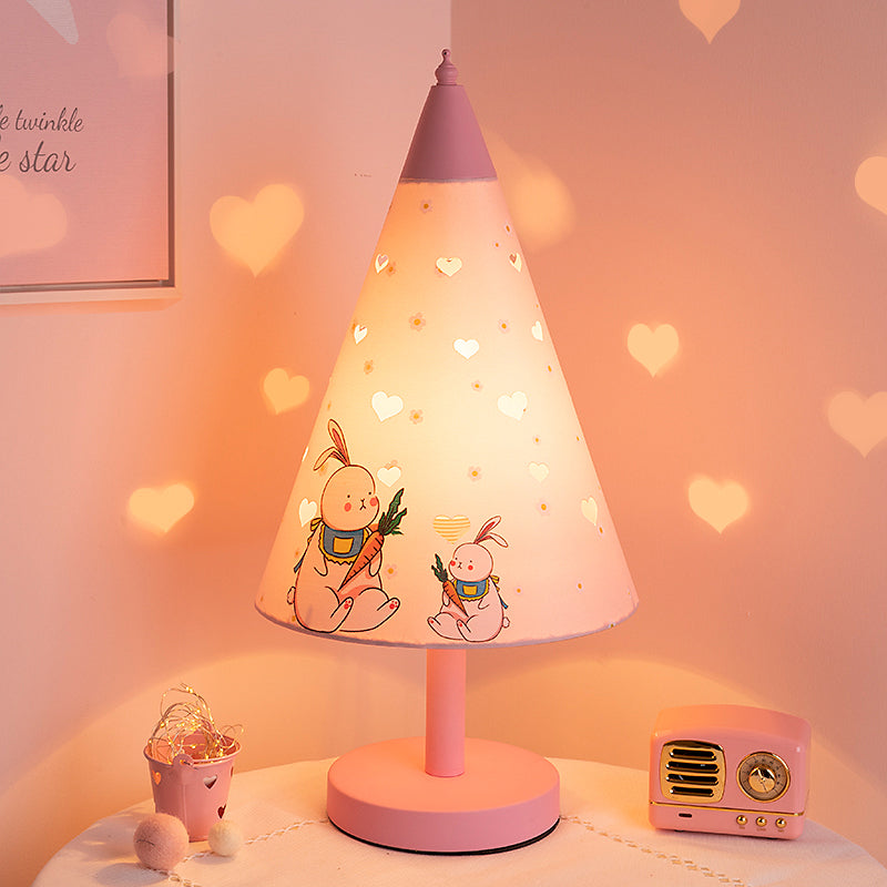 Cone Fabric Nightstand Light Kids 1 Bulb Pink Night Table Lamp with Rabbit Pattern and Cutout Design