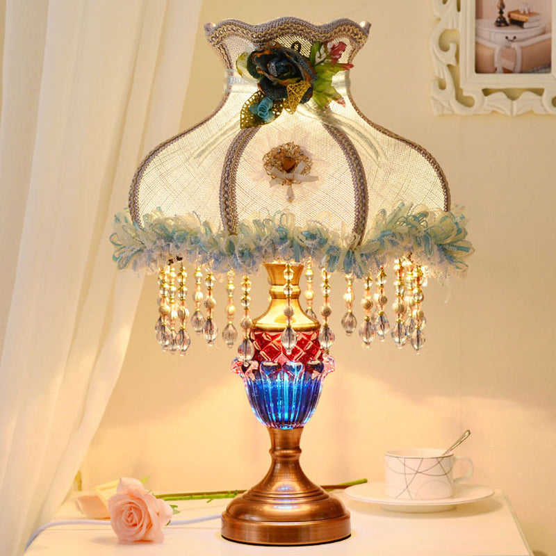 Light Blue Scalloped Table Light European 1 Bulb Fabric Lace Night Lamp with Drape and Crystal Accent