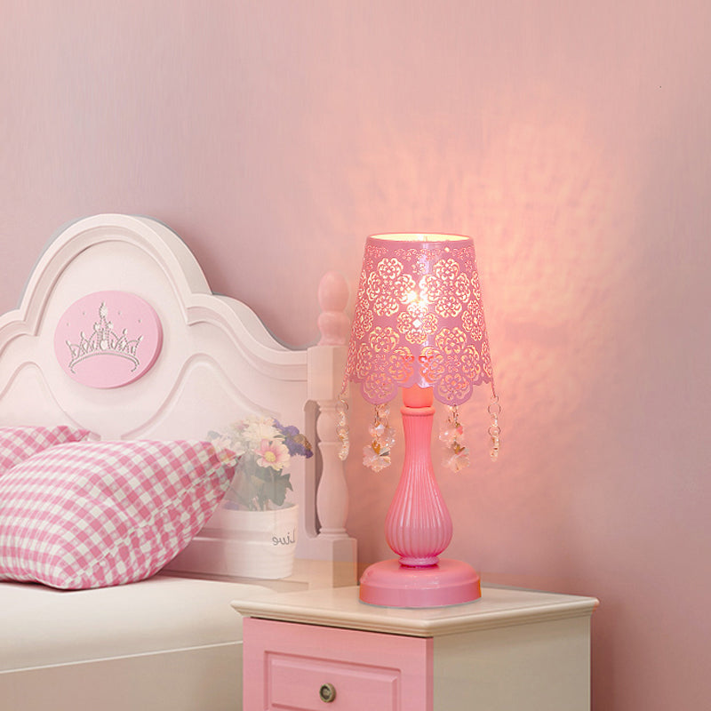 Modern Cutout Cone Night Lamp Iron 1 Light Table Lighting in Pink with Snowflake Crystal Accent