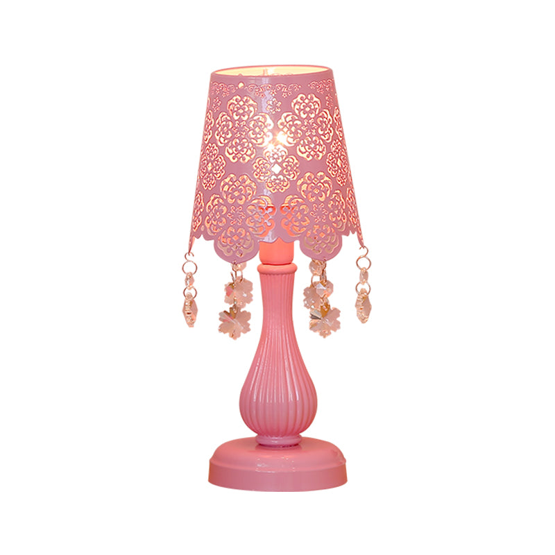 Modern Cutout Cone Night Lamp Iron 1 Light Table Lighting in Pink with Snowflake Crystal Accent