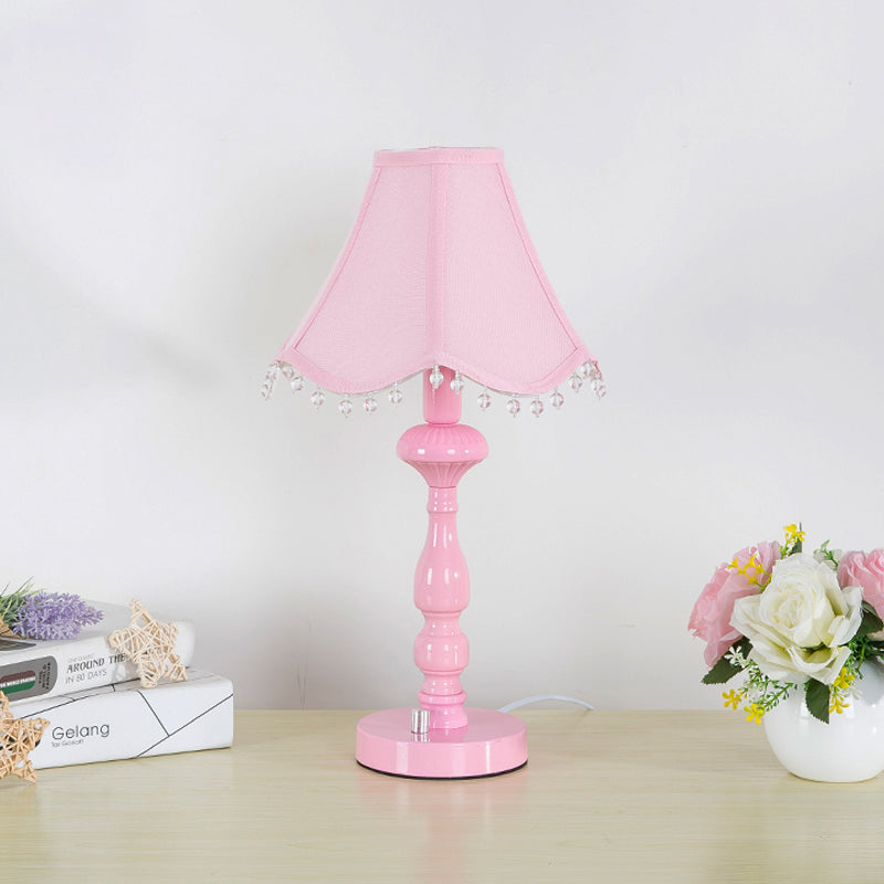 Scalloped Girls Bedroom Table Lamp Fabric 1 Light Contemporary Night Light in Pink with Clear Bead