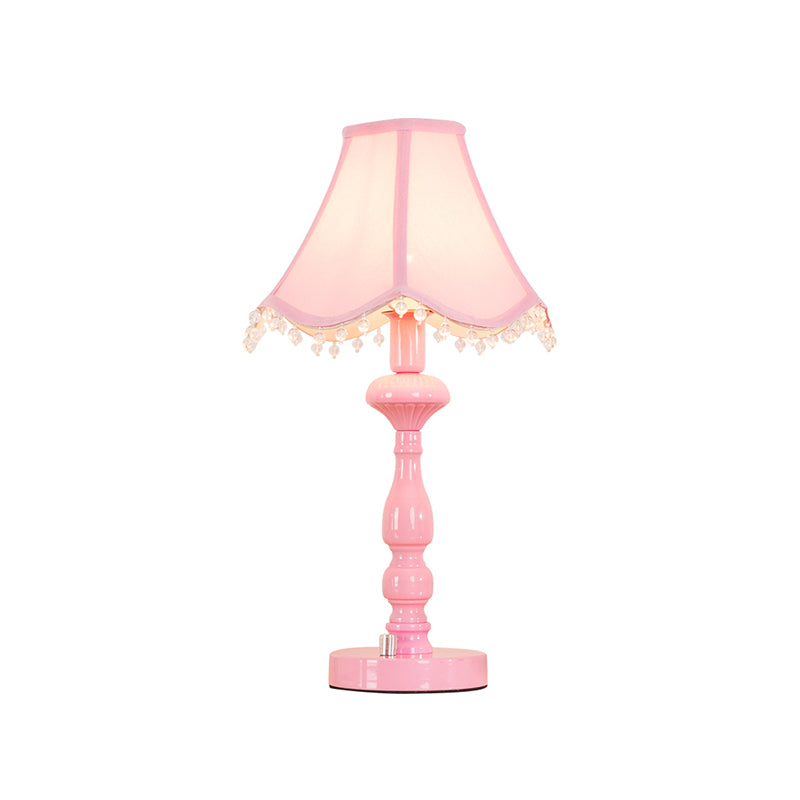 Scalloped Girls Bedroom Table Lamp Fabric 1 Light Contemporary Night Light in Pink with Clear Bead