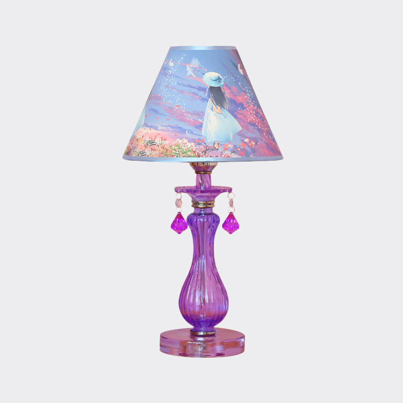 Romantic Pastoral 1 Light Night Lamp Purple Cone/Scalloped Nightstand Light with Fabric Shade and Crystal Accent