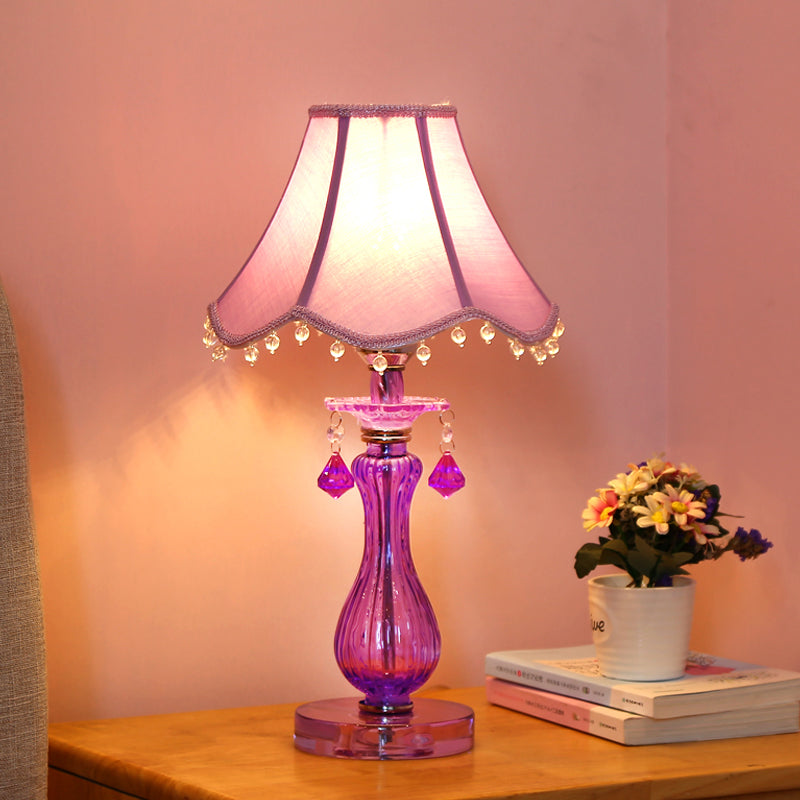 Romantic Pastoral 1 Light Night Lamp Purple Cone/Scalloped Nightstand Light with Fabric Shade and Crystal Accent