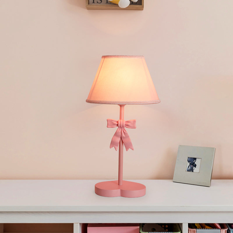 Conical Fabric Night Table Lighting Kids 1-Bulb Pink Nightstand Light with Bow Decoration