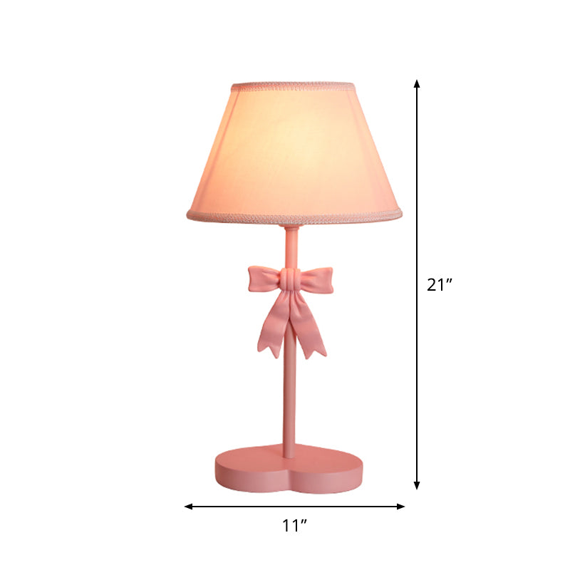 Conical Fabric Night Table Lighting Kids 1-Bulb Pink Nightstand Light with Bow Decoration