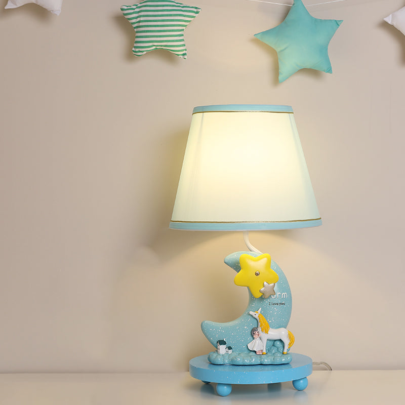 Fabric Cone Night Table Lamp Cartoon 1-Head Blue Nightstand Lighting with Moon and Star Base