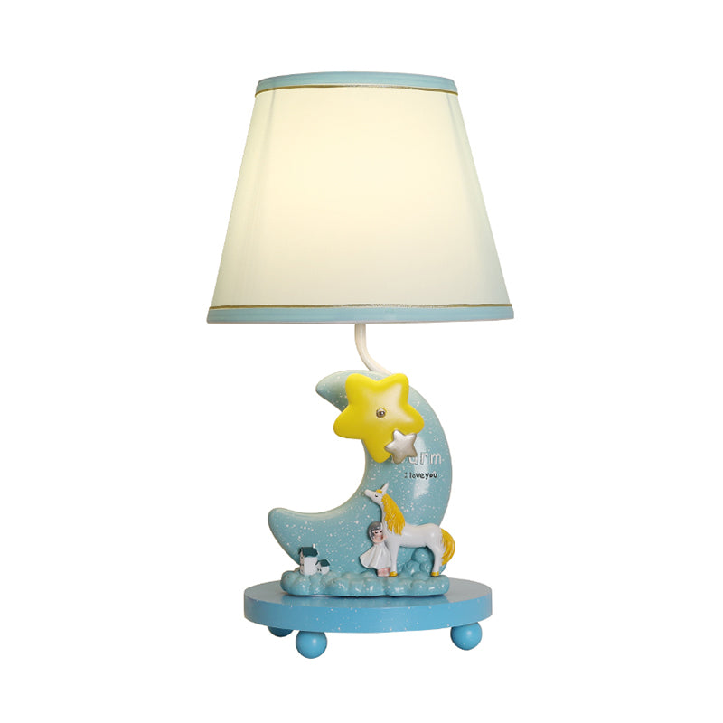 Fabric Cone Night Table Lamp Cartoon 1-Head Blue Nightstand Lighting with Moon and Star Base