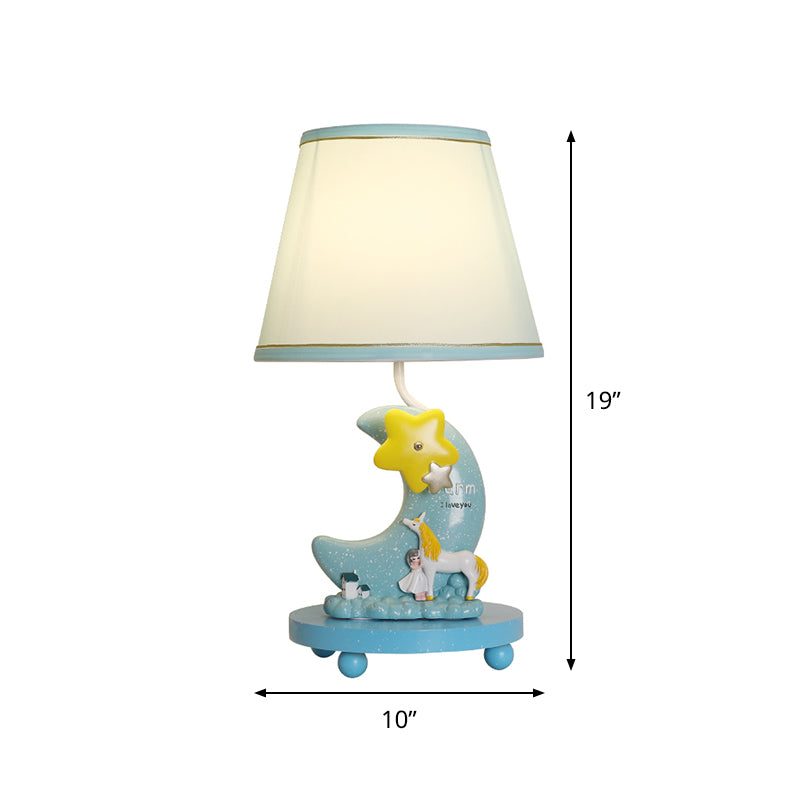 Fabric Cone Night Table Lamp Cartoon 1-Head Blue Nightstand Lighting with Moon and Star Base