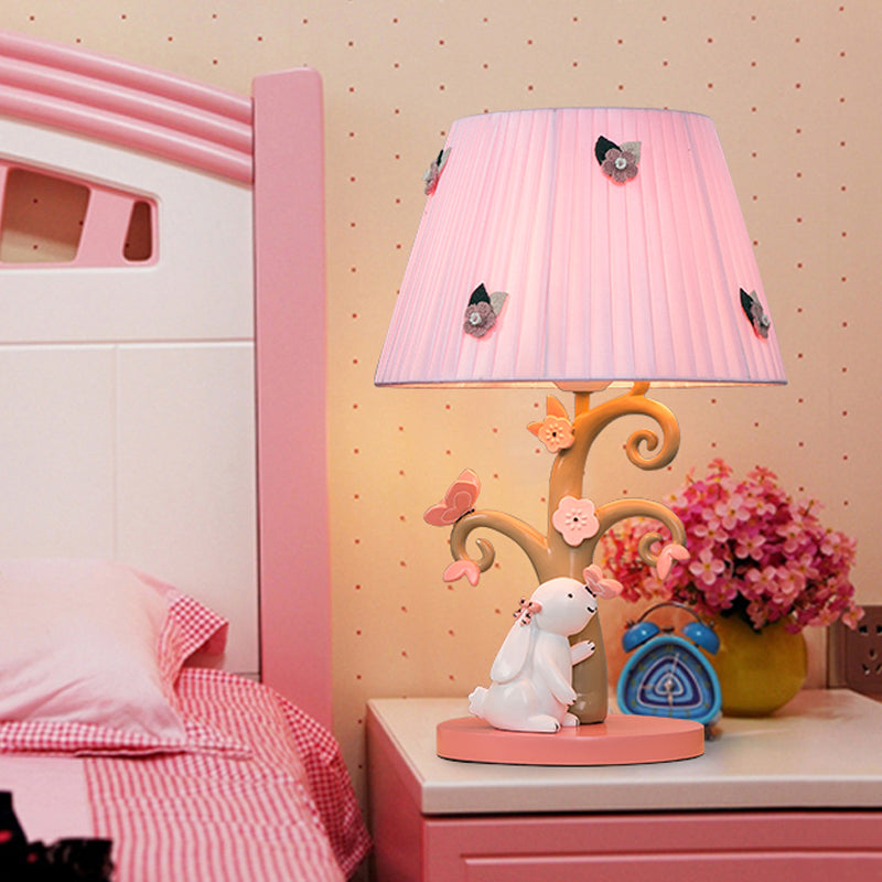 Cartoon Pleated Shade Table Light Fabric 1 Bulb Bedroom Night Lighting in Pink with Rabbit Decor