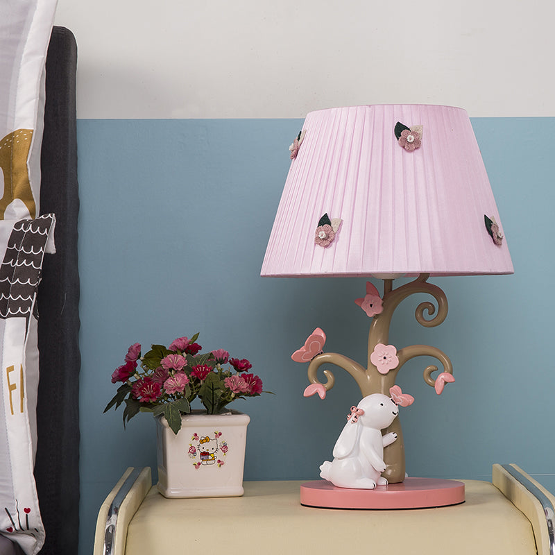 Cartoon Pleated Shade Table Light Fabric 1 Bulb Bedroom Night Lighting in Pink with Rabbit Decor