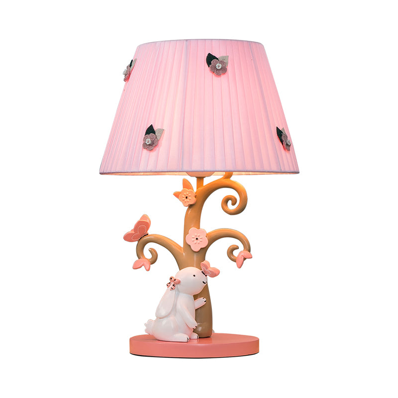 Cartoon Pleated Shade Table Light Fabric 1 Bulb Bedroom Night Lighting in Pink with Rabbit Decor