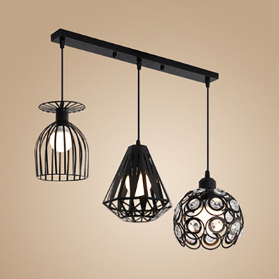 3 Lights Suspended Light Loft Style Caged Metal Ceiling Fixture with Different Shade in Black/White for Restaurant