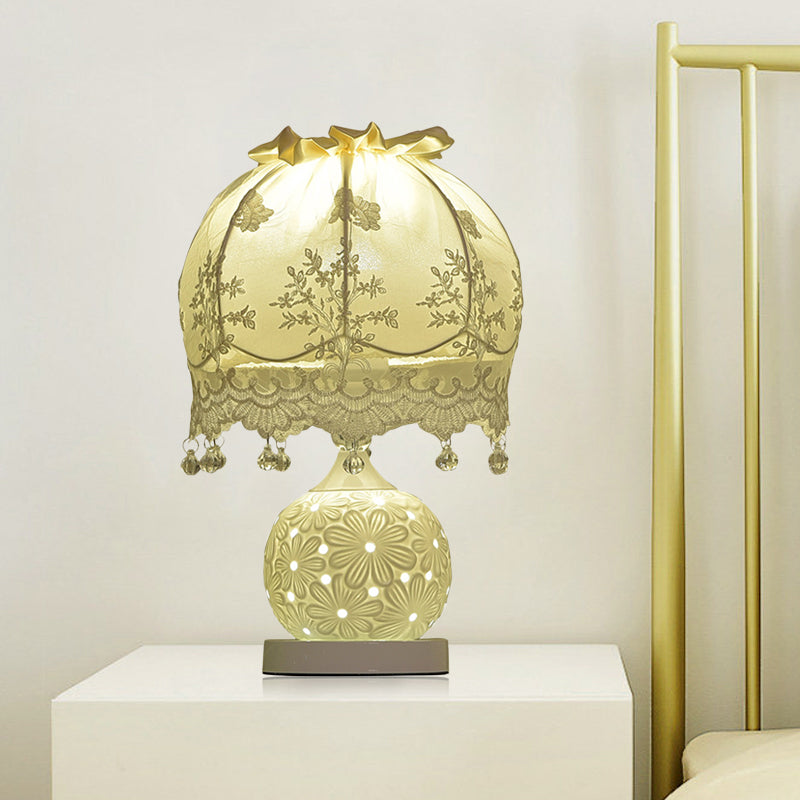 Pastoral Dome Fabric Night Light 1 Head Table Lighting in White with Lace Trim and Ceramic Base