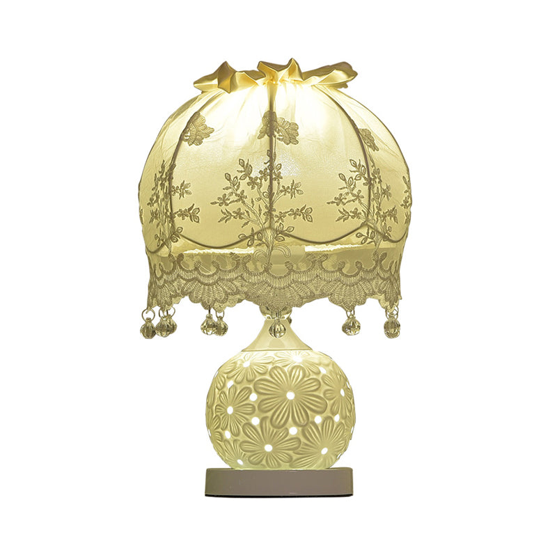 Pastoral Dome Fabric Night Light 1 Head Table Lighting in White with Lace Trim and Ceramic Base