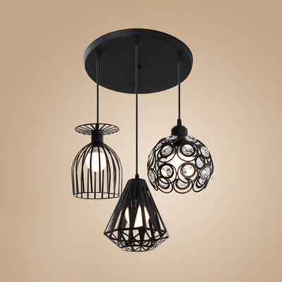 3 Lights Suspended Light Loft Style Caged Metal Ceiling Fixture with Different Shade in Black/White for Restaurant