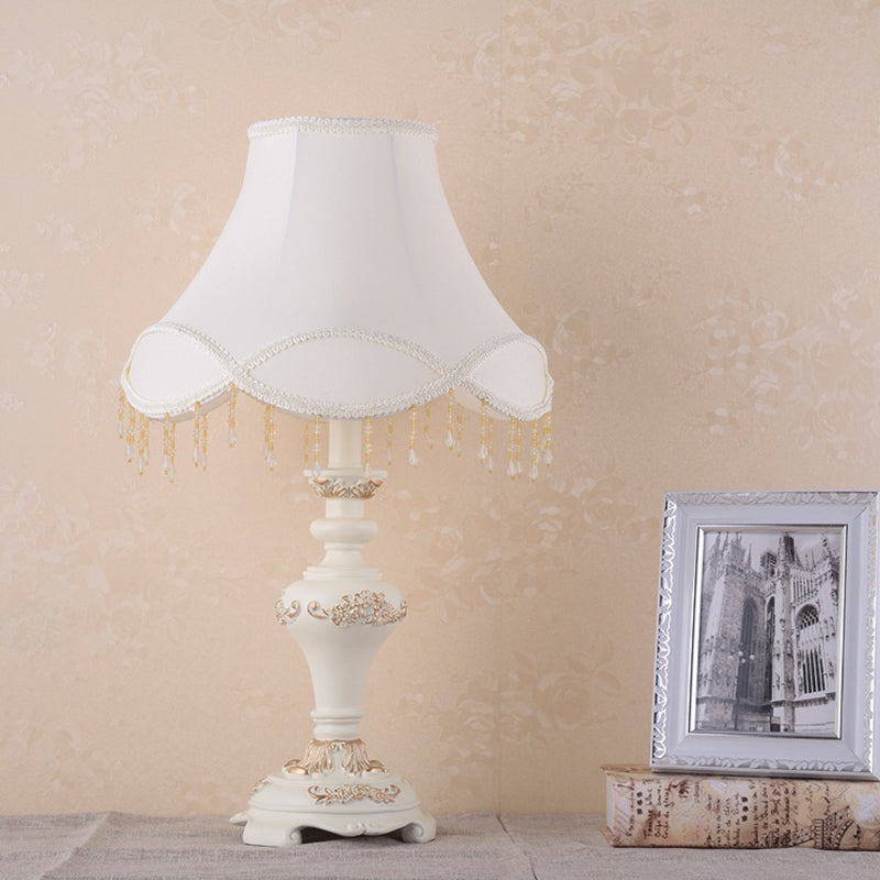 Resin Urn Nightstand Lamp Vintage 1-Light White Night Table Light with Fabric Shade and Drape