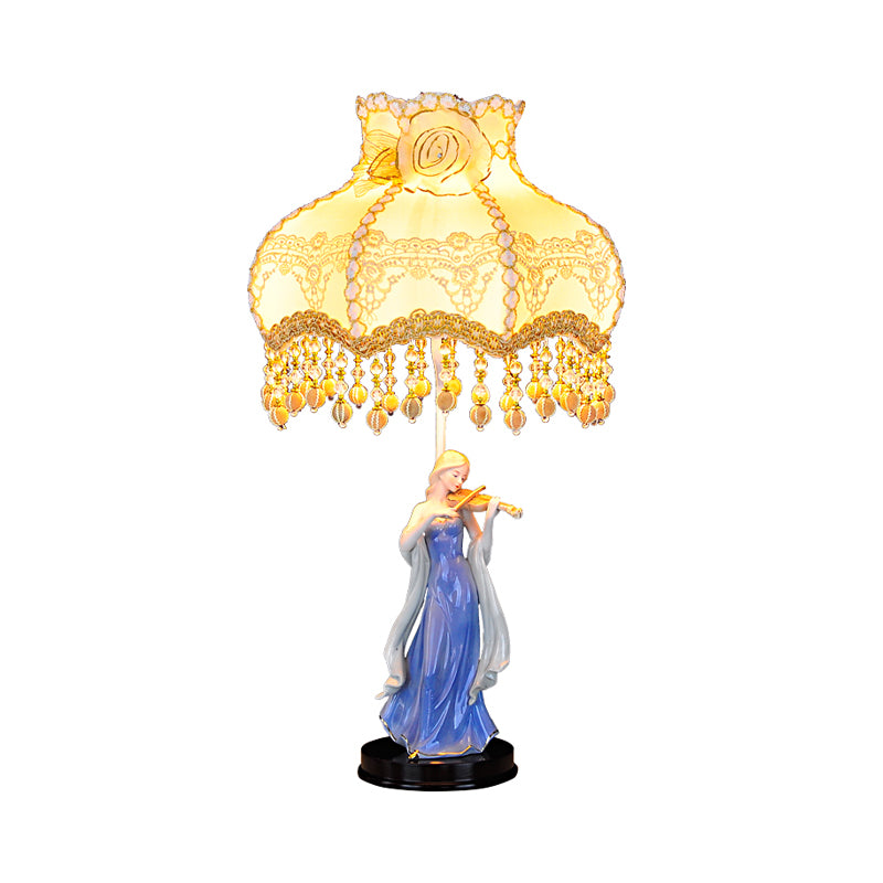 Fabric Wave Trim Table Lighting Vintage 1 Light Beige Night Light with Ceramic Woman Design