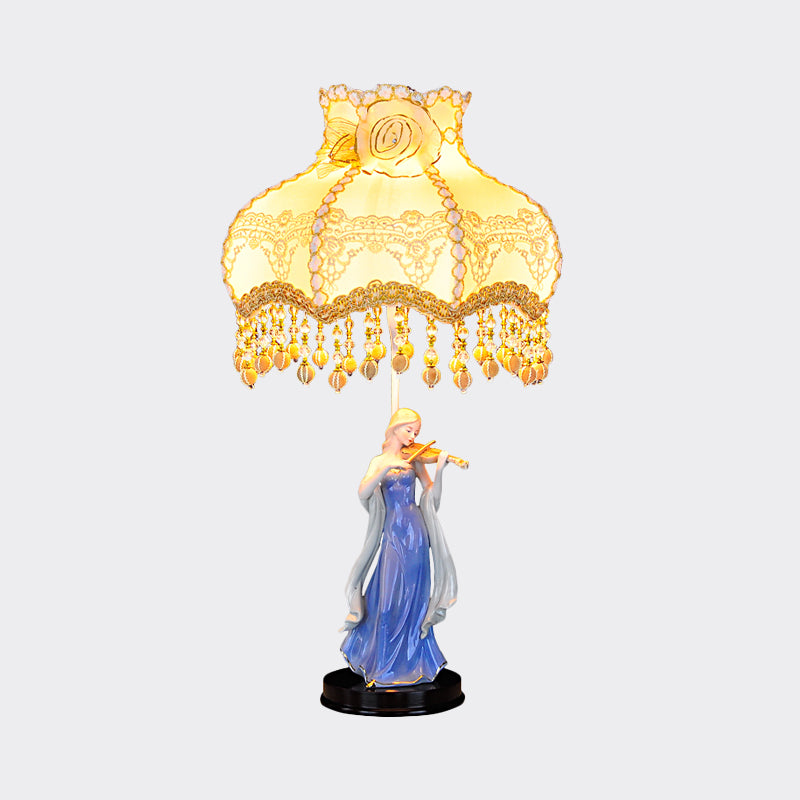 Fabric Wave Trim Table Lighting Vintage 1 Light Beige Night Light with Ceramic Woman Design