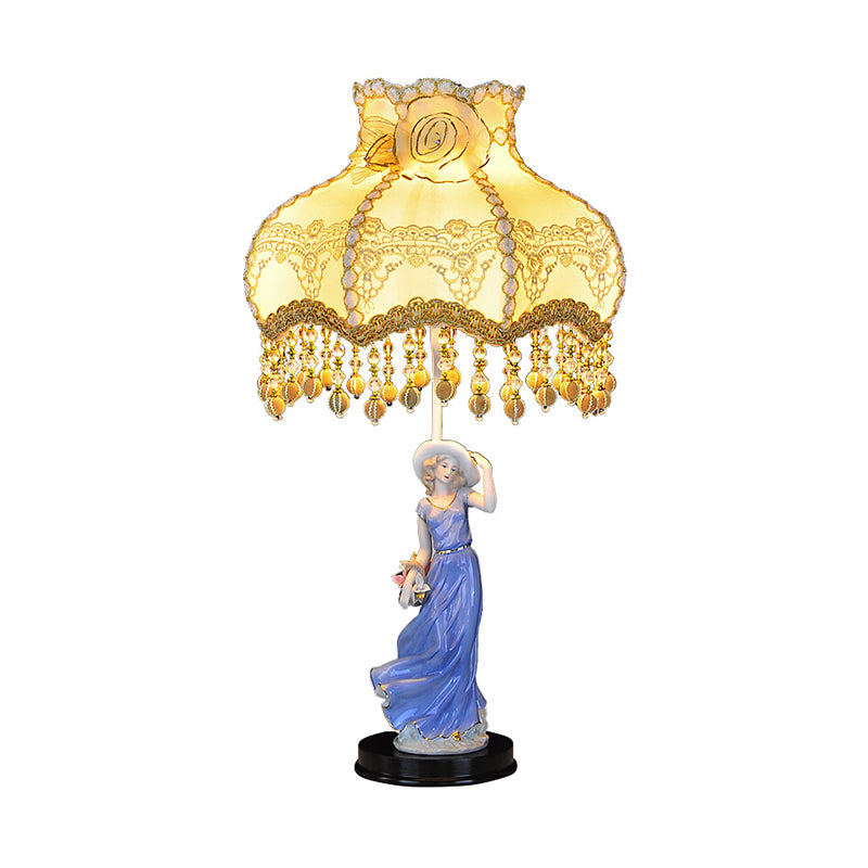 Ceramic Woman Night Light Pastoral 1 Bulb Beige Table Lamp with Scalloped Fabric Shade