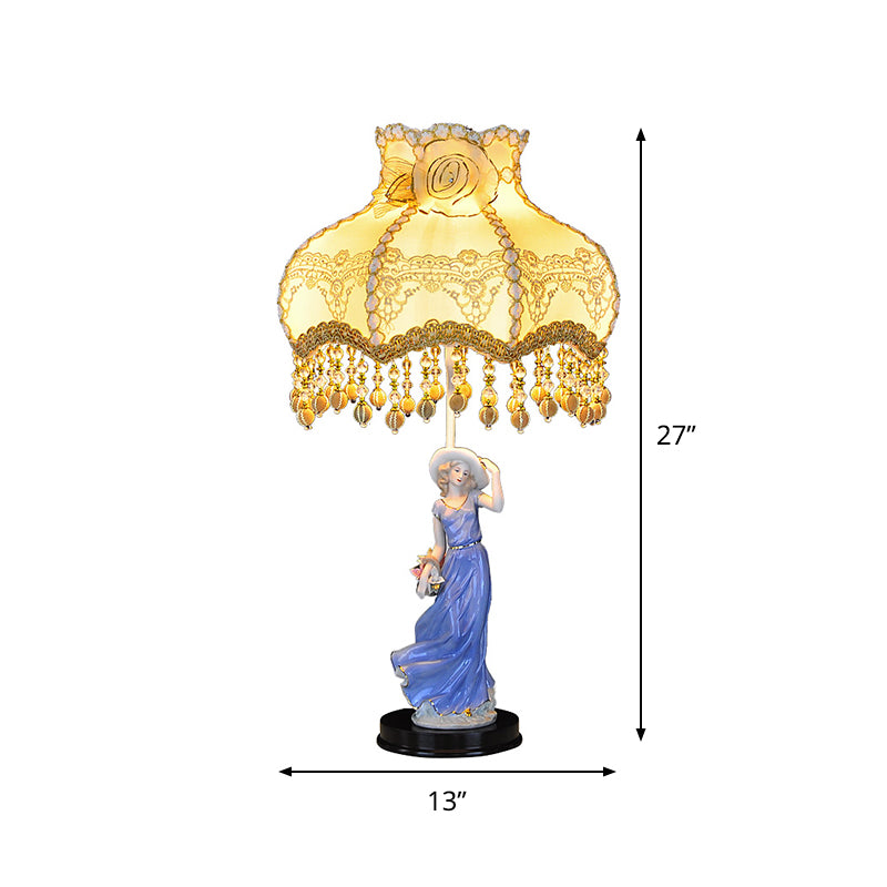 Ceramic Woman Night Light Pastoral 1 Bulb Beige Table Lamp with Scalloped Fabric Shade