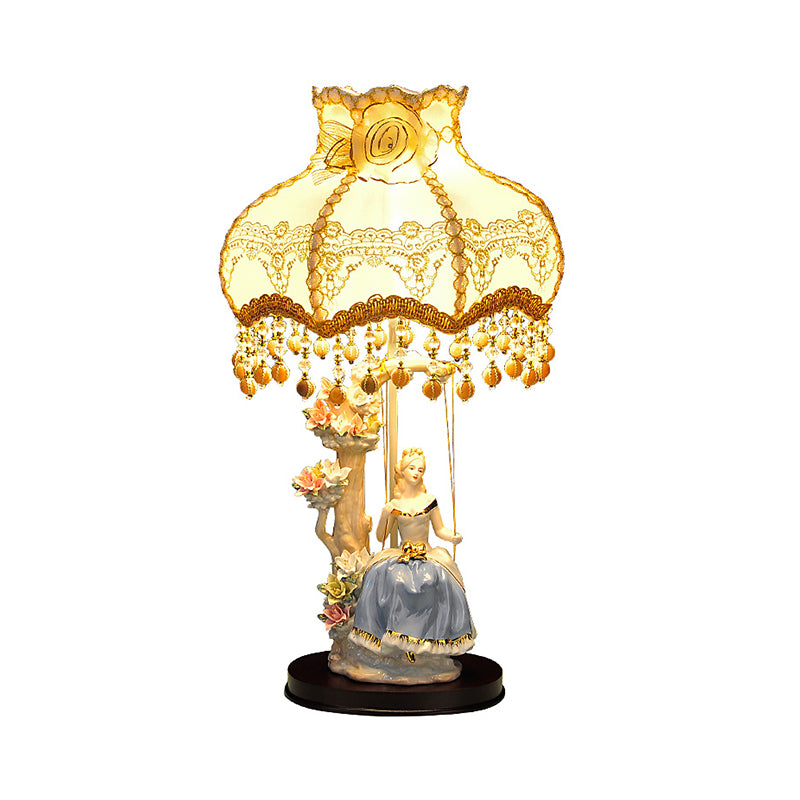 Romantic Pastoral Scalloped Night Lamp Fabric 1 Bulb Bedroom Table Light in Beige with Ceramic Figure Design