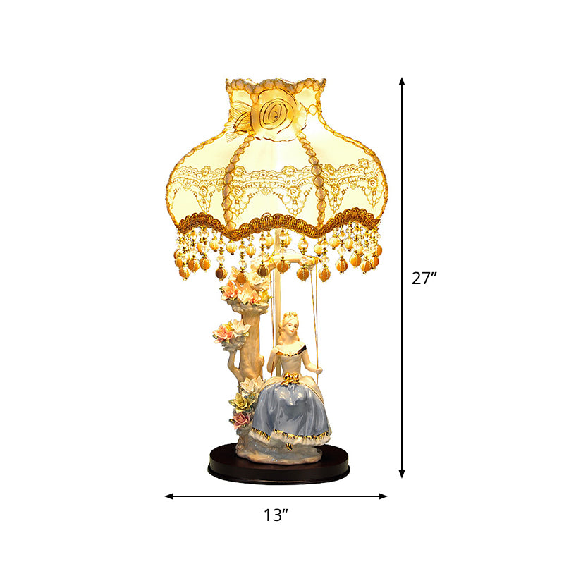 Romantic Pastoral Scalloped Night Lamp Fabric 1 Bulb Bedroom Table Light in Beige with Ceramic Figure Design