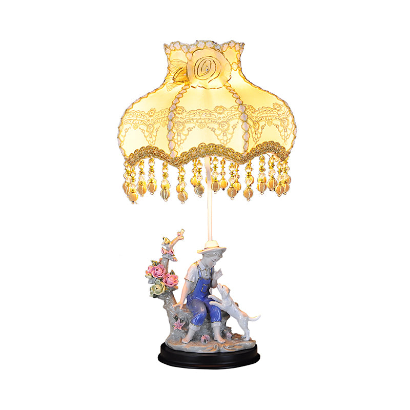 Beige Ruffle Edge Nightstand Lamp Pastoral 1 Light Fabric Night Light with Ceramic Boy and Dog