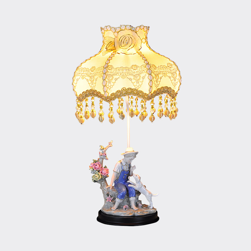 Beige Ruffle Edge Nightstand Lamp Pastoral 1 Light Fabric Night Light with Ceramic Boy and Dog