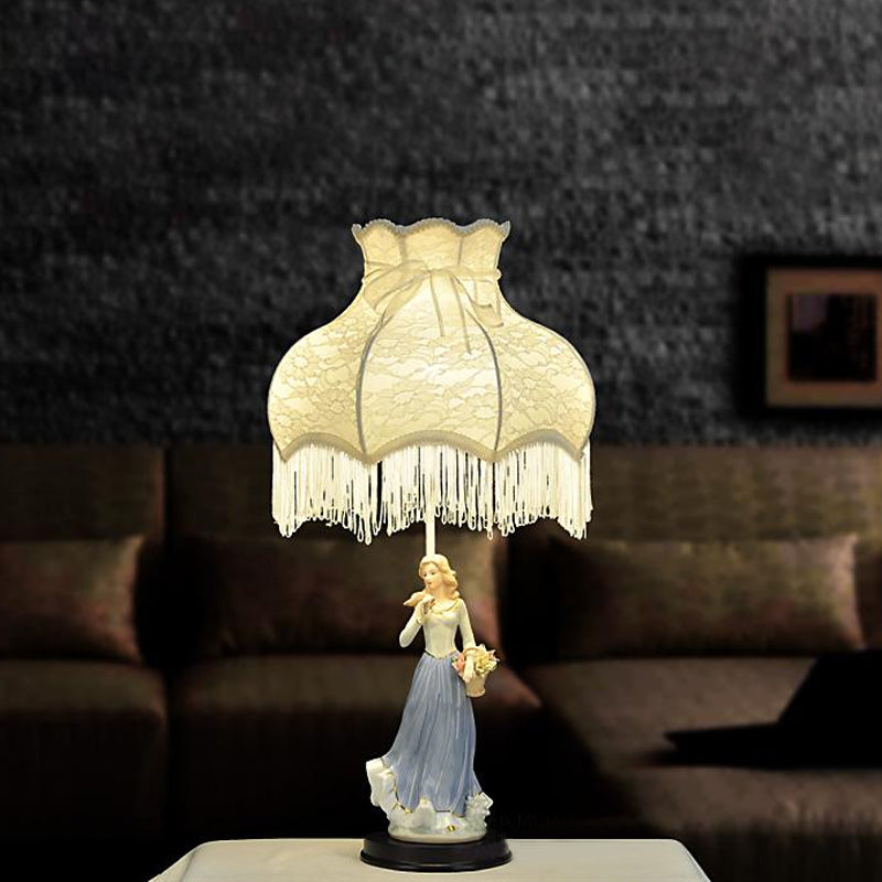 Single Bedroom Night Lighting Countryside White Table Lamp with Fabric Shade and Ceramic Girl Decor