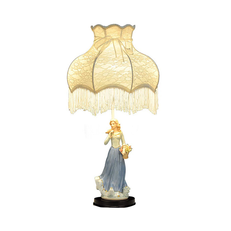 Single Bedroom Night Lighting Countryside White Table Lamp with Fabric Shade and Ceramic Girl Decor